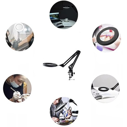 Černá kulatá lampa s LED podsvícením a zvětšovacím sklem